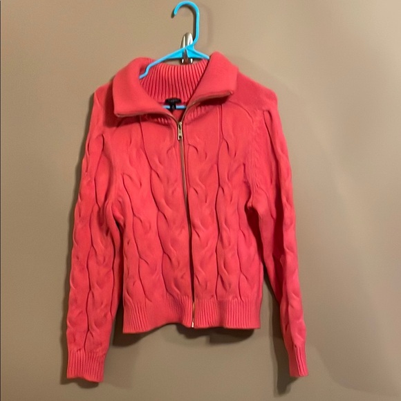 Talbots Sweaters - Talbots Pink Cable Knit Zip-Up Sweater